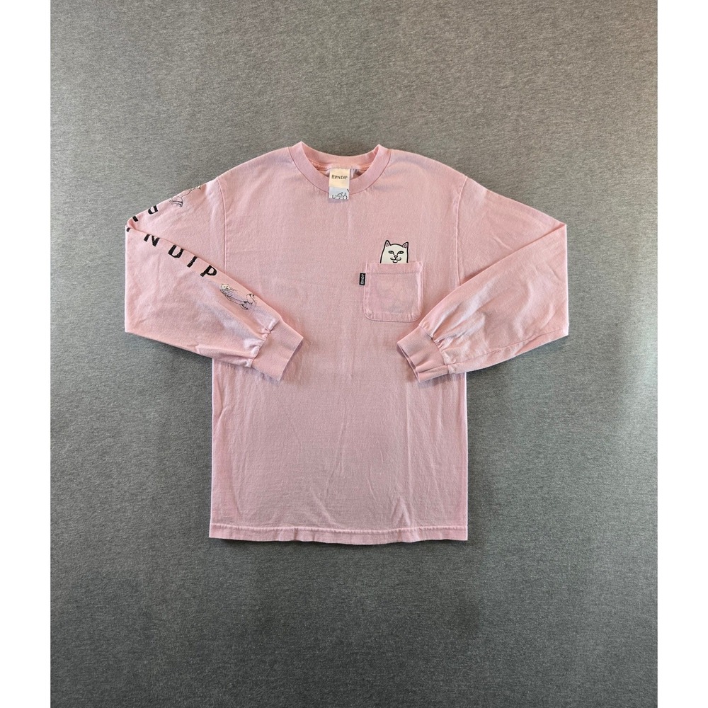RIPNDIP Pocket Tee Unisex Small Pink Lord Nermal Cat Graphic Shirt Long Sleeve